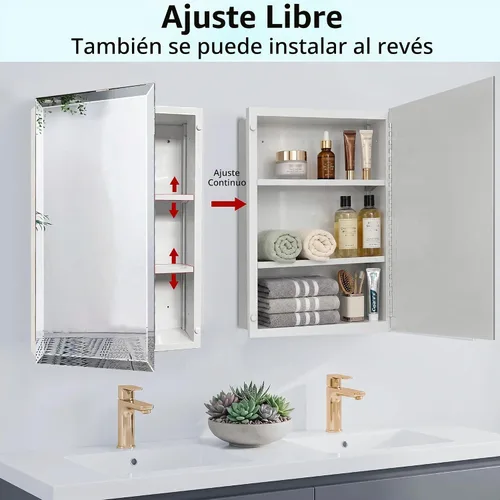 Vista 7 de Botiquín de baño de 16 x 26 pulgadas con espejo, espejo biselado rectangular sin marco, instalación de empotrar o montaje en superficie
