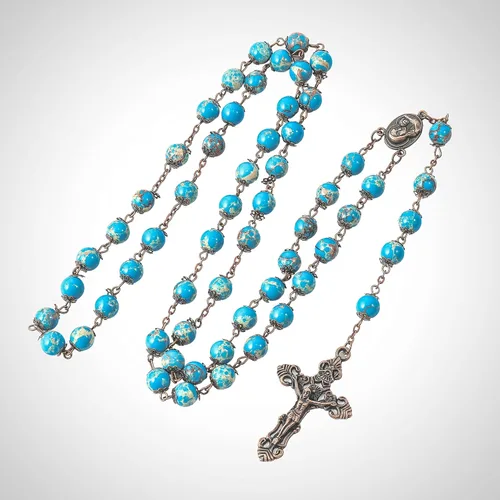 Vista 4 de Nazareth Store Collar de cuentas de jaspe azul océano con diseño vintage natural, medalla de suelo sagrado y cruz crucifijo rosarios religiosos