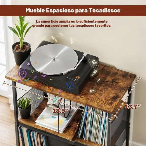 Vista 6 de Soporte para tocadiscos, soporte para discos de vinilo de 3 niveles, soporte giratorio con 2 separadores y 4 pies ajustables, mesa para tocadiscos