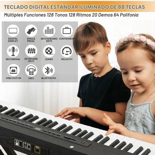 Vista 3 de Piano digital de 88 teclas con teclado semiponderado, teclado de piano de 88 teclas para principiantes con teclas iluminadas, piano eléctrico Negro