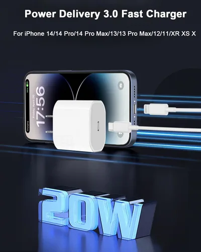 Vista 2 de Cargador súper rápido para iPhone, paquete de 2 unidades de 20 W, bloque de carga rápida USB C con cable Lightning de 6.6 pies, cable de carga