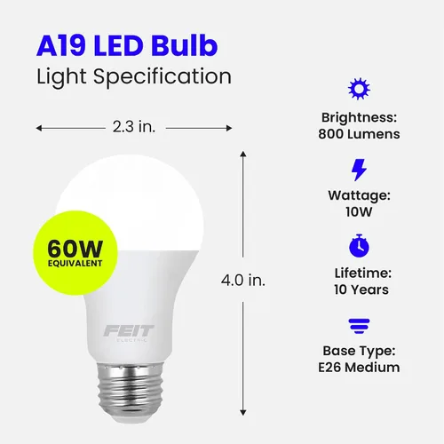 Vista 3 de Feit Electric Bombillas LED A19, equivalente a 60 W, no regulables, 800 lúmenes, base estándar E26, blanco suave de 2700 K, 80 CRI, vida útil de 10