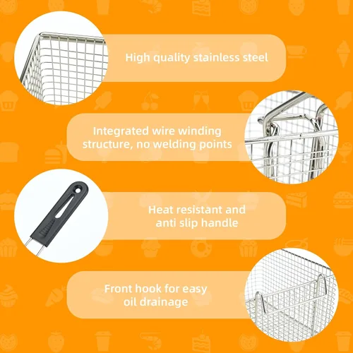 Vista 4 de Cesta para freidora eléctrica para freír alimentos, con mango de goma, 7.2 x 8.3 x 4.3 pulgadas, construcción resistente, adecuada para freír pollo