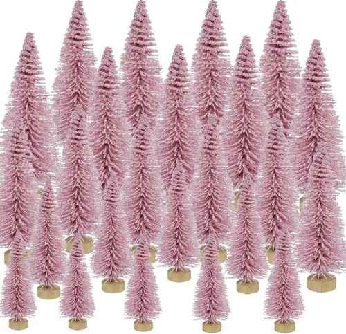 Vista 16 de 24 piezas de árboles de cepillo para botellas, decoración de Navidad, mini árbol de Navidad blanco con base de madera, árbol de pino de sisal