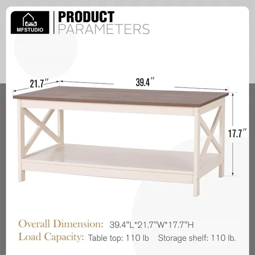 Vista 2 de MFSTUDIO Mesa auxiliar de granja con estante de almacenamiento abierto, mesa central de madera de 2 niveles para sala de estar, mesa de cóctel