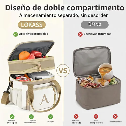Vista 2 de LOKASS Lonchera personalizada con inicial para mujer, lonchera térmica de doble cubierta con correa, lonchera grande a prueba de fugas de 16 litros