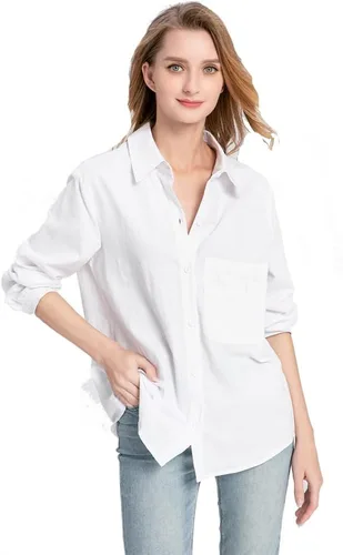 Vista 2 de Minibee Camisas de manga larga con botones para mujer, túnica de algodón, blusas altas y bajas