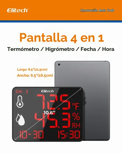 Vista 4 de Elitech Termómetro higrómetro Bluetooth reutilizable registrador de datos con pantalla grande de almacenamiento de datos, DR-230-THDE con doble