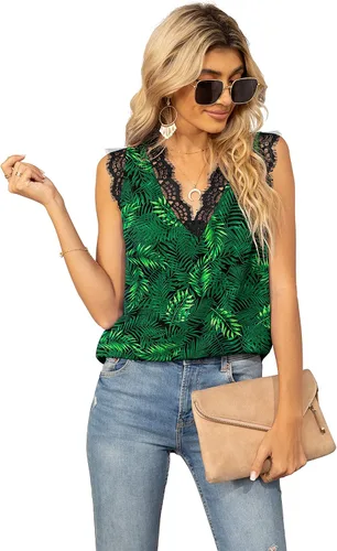 Vista 247 de VIISHOW - Camiseta sin mangas, sexy, con cuello en V y bordes de encaje para mujer, camisola de vestir, camisas de gasa, sin mangas, casuales