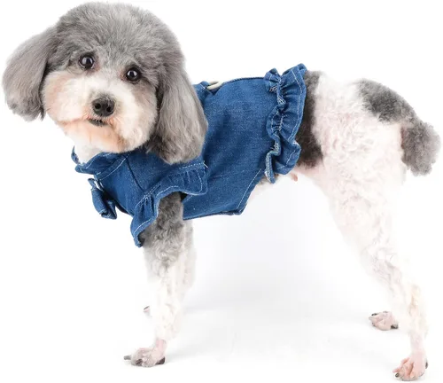 Vista 2 de Zunea Vestidos de arnés de mezclilla para perros pequeños y niñas, chaleco para perro, arnés de princesa con falda con anillo en D, ropa de verano