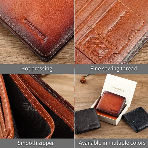 Vista 25 de Billetera de piel triple con bloqueo RFID para hombre con 2 ventanas de identificación, 2 compartimentos para efectivo, 6-8 ranuras para tarjetas