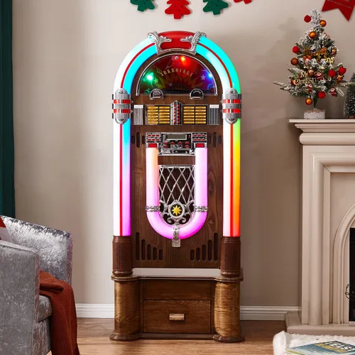 Vista 3 de ARKROCKET Jukebox Saturn V con soporte • Reproductor de discos de vinilo • USB • SD • AUX • Radio FM • MP3 • Reproductor de CD • Luz LED arcoíris •