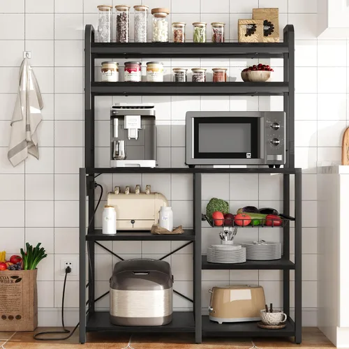 Vista 2 de IDEALHOUSE Estante para panaderos con toma de corriente, barra de café con cajón de alambre, soporte industrial para microondas, mesa de buffet