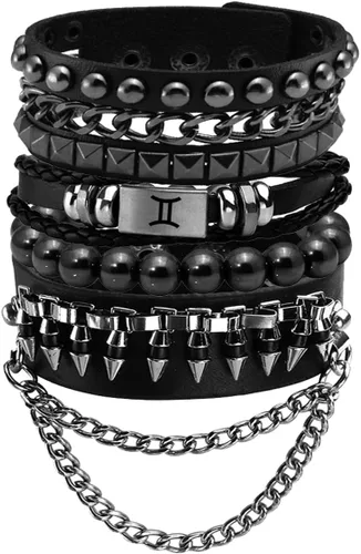 Vista 10 de Eigso Pulseras de cuero punk para hombres y mujeres, estilo retro de los años 80, hematita y rock, juego de pulseras de metal ajustables para hombre