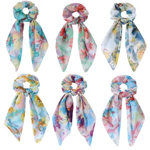 Vista 6 de Bufanda para el cabello, coleta de caballo con 6 bufandas, estampado de flores de cachemira, material de gasa, para mujeres y niñas, accesorios