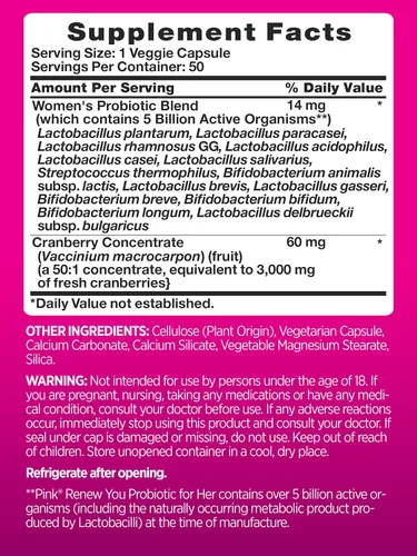 Vista 2 de PINK Probióticos para mujeres Cápsulas de apoyo para la salud digestiva más arándano 50 unidades Suplemento vegetariano, sin OMG y sin gluten