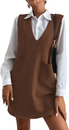 Vista 13 de OYOANGLE Vestido corto de punto con cuello en V sin mangas para mujer, liso, con bolsillos Verde militar