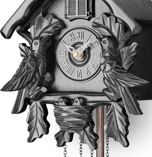 Vista 8 de TIMEGEAR Reloj de cuco con modo nocturno, pájaro cantante, decoraciones de madera y péndulo oscilante