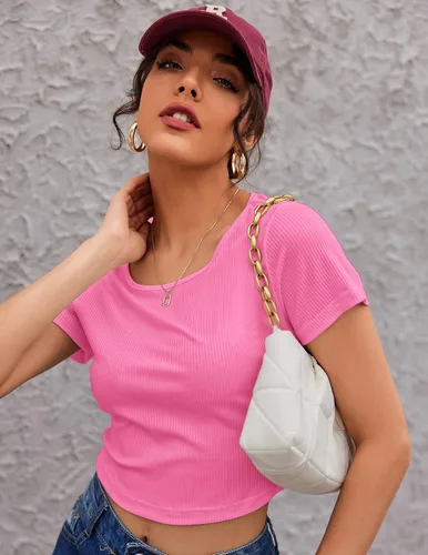 Vista 4 de Ekouaer Conjunto de descanso de 2 piezas para mujer, camiseta corta de punto acanalado, pantalones de pierna ancha con bolsillos S-XXL