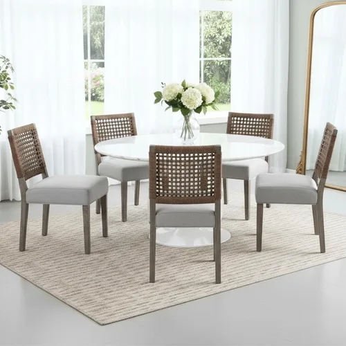 Vista 10 de Juego de 2 sillas de comedor de granja, sillas de comedor tapizadas con respaldo tejido a mano, asiento acolchado suave y patas de madera Beige