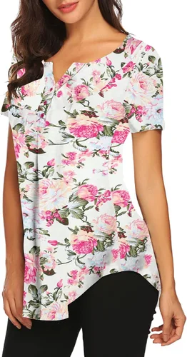 Vista 2 de Blusón plisado de manga corta con estampado floral y cuello Henley en V para mujer, con vuelo.