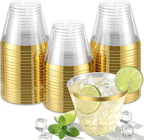 Vista 12 de Nervure 240 vasos de plástico azules – Vasos de plástico con borde dorado de 9 onzas – Taza azul desechable resistente con borde dorado perfecto