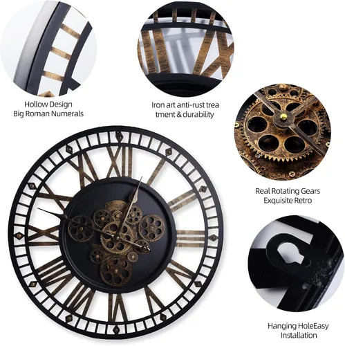 Vista 5 de Reloj de pared digital grande de 24 pulgadas con engranajes móviles reales, reloj redondo silencioso de metal industrial vintage para dormitorio