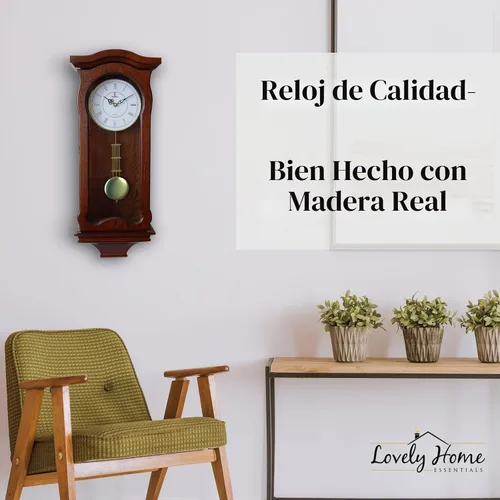 Vista 5 de Reloj de pared de péndulo a pilas, reloj de pared colgante de madera con péndulo, silencioso y sin timbre, madera real, decorativo para decoración