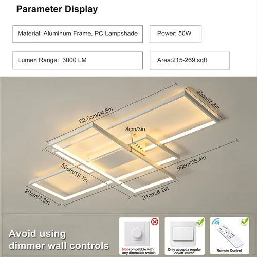 Vista 4 de GEADI Lámpara de techo moderna regulable, lámpara de techo LED blanca de 35.4 pulgadas con control remoto, accesorio de iluminación rectangular