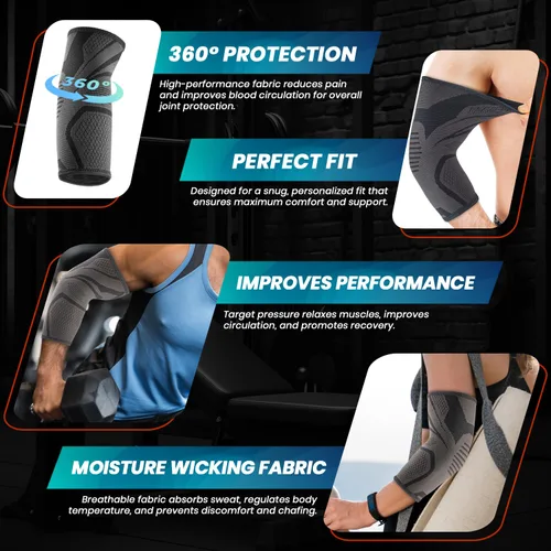 Vista 6 de PhysFlex - Paquete de 2 coderas de codo para alivio del dolor de codo de tenista y golfista - Manga de compresión de codo para levantamiento