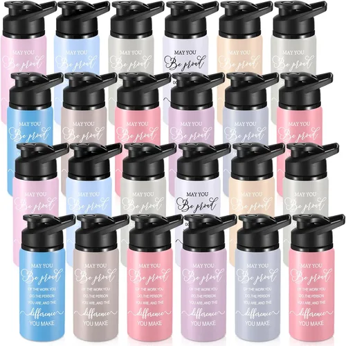 Vista 8 de Bokon Paquete de 24 botellas de agua de agradecimiento a granel, botellas de aluminio reutilizables con tapas, para empleados, maestros, compañeros