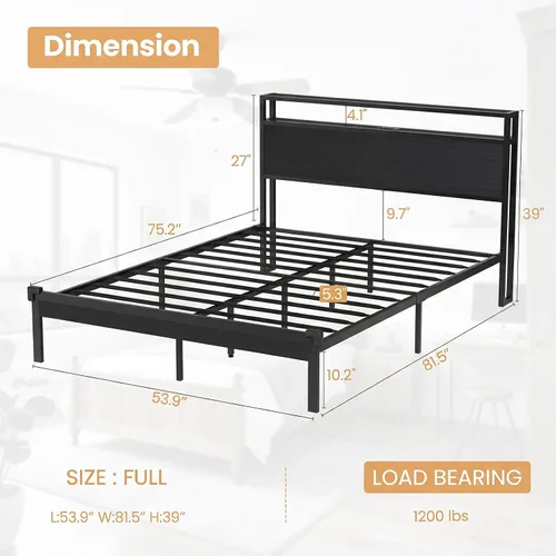Vista 2 de Full Size Bed Frame with Headboard Built-in Charging Station & Led Lights