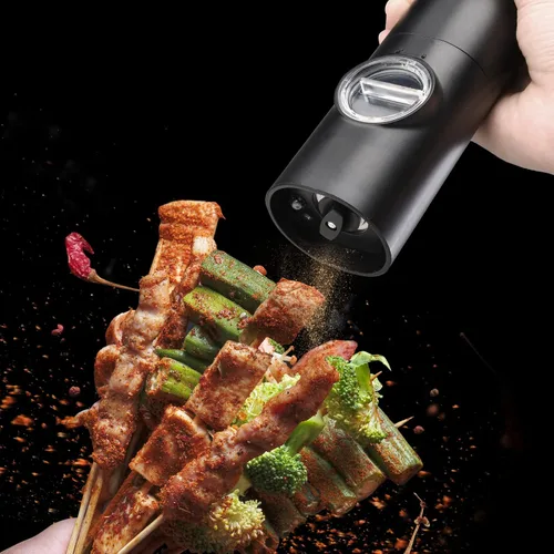Vista 9 de MAEXUS Juego de molinillo eléctrico de sal y pimienta, molinillo automático de pimienta y sal, luz LED, grosor ajustable (paquete de 2)