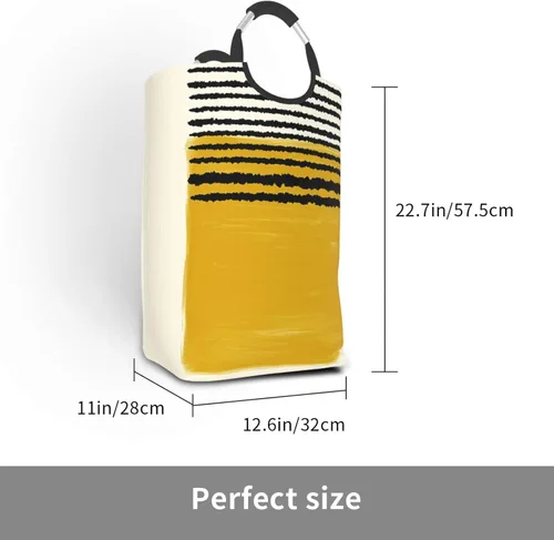 Vista 3 de Cesto de ropa sucia con estampado de líneas amarillas mostaza, impermeable, plegable, con asas, para el hogar, baño, dormitorio, dormitorio