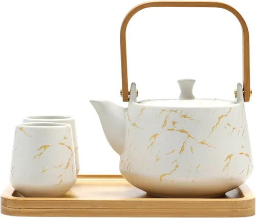 Vista 8 de Urban Tokyo Juego de té de cerámica con bandeja de bambú, tetera de 20 onzas líquidas con 2 tazas, esmalte mate satinado, servicio de té de Rosa