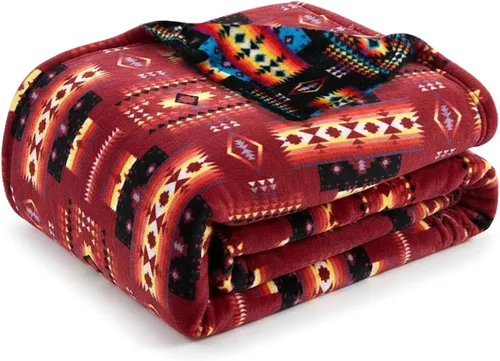 Vista 13 de Sacred Thread - Manta de forro polar azteca, reversible, manta nativa americana, cobija occidental, nativa americana occidental (franel azul), manta