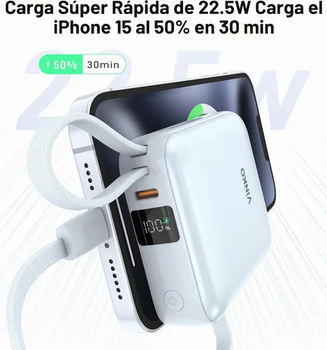 Vista 5 de VINKO Cargador Portátil con Cable Incorporado, 10000mAh 22.5W Carga Rápida Banco de Batería USB C, Banco de Energía para Teléfono Celular para Azul