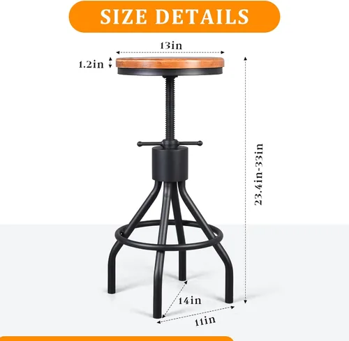 Vista 2 de Taburete de bar industrial vintage con altura ajustable, taburete de cocina estilo francés de granja, silla giratoria, madera maciza Chiar, fácil