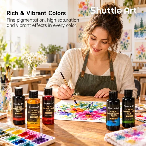 Vista 5 de Shuttle Art 8 Colors Liquid Watercolor Paint, 4oz Non-Toxic Watercolors
