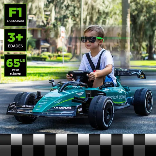 Vista 2 de Dynacraft Aston Martin Aramco Fórmula 1 Team Race Car de 12 V para edades de 3 a 8 años, con control remoto