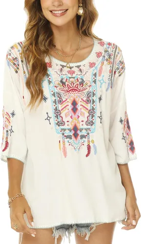 Vista 3 de Vakakado Blusas bordadas mexicanas bohemias para mujer, camisas tradicionales bohemias campesinas de manga 34, ropa hippie, blusa tipo túnica