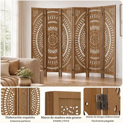 Vista 4 de Separador de pared de madera de 6 paneles de 6 pies, pantalla de división plegable, separador de pared independiente, decoración rústica bohemia