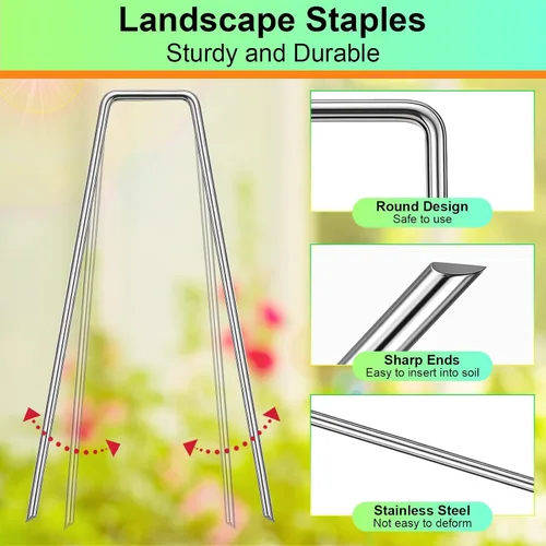 Vista 4 de 25 grapas de paisaje, estacas galvanizadas en forma de U de 6 pulgadas, alfileres de jardín, picos de tierra para césped y patio, estacas de tela