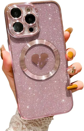 Vista 12 de Funda compatible con iPhone 11 Pro Max de 6.5 pulgadas con Magsafe, funda magnética de corazón chapado con purpurina para mujeres y niñas