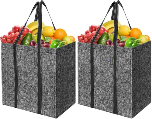 Vista 19 de BALEINE Paquete de 2 bolsas de comestibles reutilizables con parte inferior reforzada, bolsas plegables resistentes (follaje antiguo)
