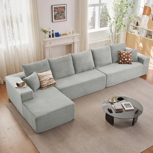 Vista 48 de Sofá modular de 96 pulgadas en forma de L, sofá modular de 3 asientos, sofá modular de pana de espuma viscoelástica sin hueso para sala de estar