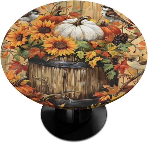 Vista 64 de Mantel redondo ajustado con diseño de calabaza de otoño, hojas de otoño, color amarillo, pequeño con borde elástico, manteles circulares lavables