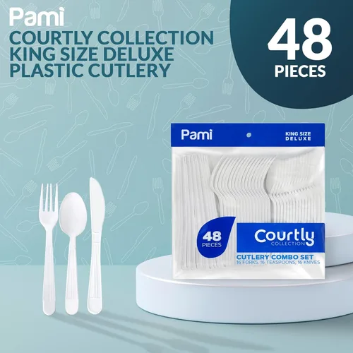 Vista 2 de PAMI Juego de cubiertos de plástico blanco resistente, tenedores, cuchillos, cucharaditas, paquete de 48