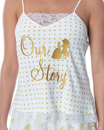 Vista 3 de Disney Princess - Conjunto de pijama para mujer de Beauty and The Beast Our Story con ribete de encaje, camisola y pantalones cortos