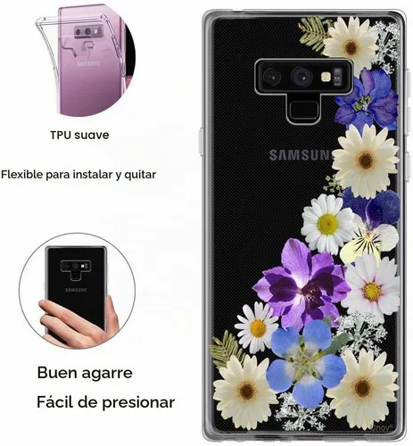 Vista 5 de Unov Funda para Galaxy Note 9 transparente con diseño en relieve, flor de Flower Blossom
